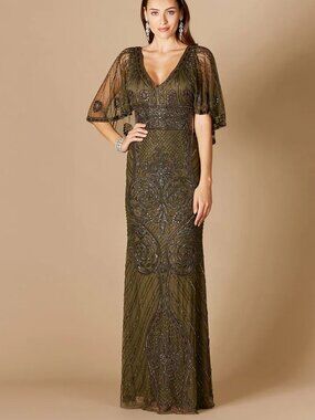 NWT LARA NEW YORK Cape Sleeve V-Neck Evening Gown in Dark Green Size 14